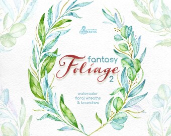 Fantasy Foliage 2. Watercolor floral wreaths, branches, leaves, invitation, greeting card, diy clip art, green leaf, greenery, leafage