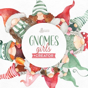 Gnomes Girls + Creator. Watercolor holiday clipart, Nordic, Christmas, Winter, cards, nursery, art, Scandinavian, gnomies, fun, customize