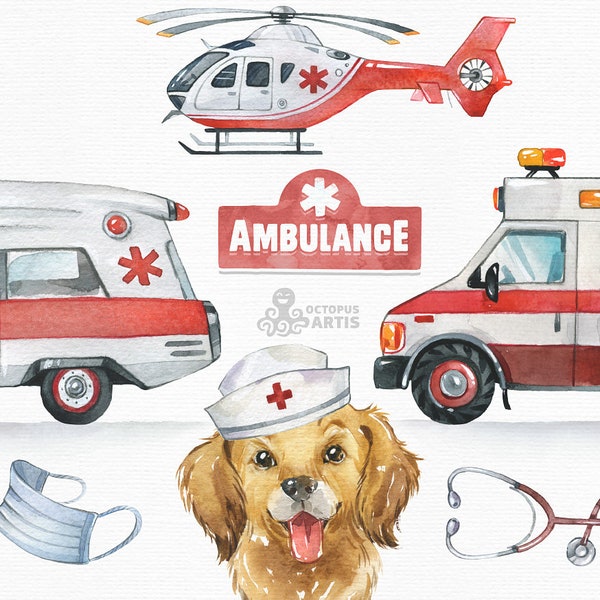Ambulance. Watercolor clipart, emergency, EMT, paramedic, driver, dog, Cars, rescue, medical care, vehicles, birthday, party, help, aid