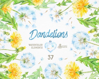 Dandelions 37 Watercolor Elements. Clipart, blowballs, floral wedding, invitation, greeting card, diy clip art, flowers, quote, love, jars