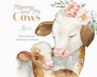 Cows. Mommy & Me. Watercolor little animals clipart, Mothers day clip art, Country, cute calf, farm png, cow sublimation, nursery, peonies