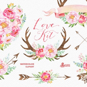 Love Kit. Watercolor flowers Clipart, peonies, arrows, antlers, heart, bouquets, valentines, wedding, floral, card, diy clip art, spring image 1