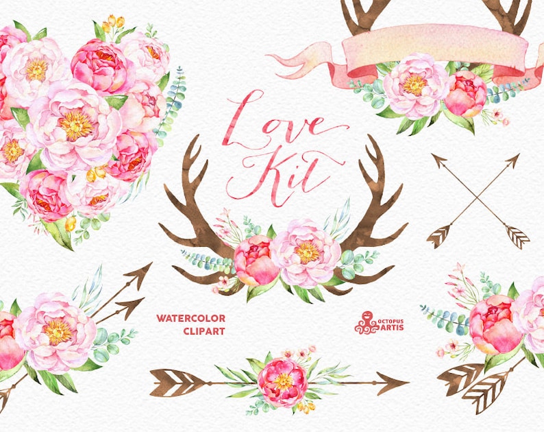 Love Kit. Watercolor flowers Clipart, peonies, arrows, antlers, heart, bouquets, valentines, wedding, floral, card, diy clip art, spring image 1