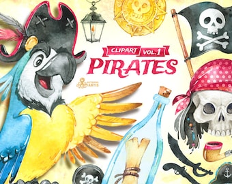 Piratas vol.1 Imágenes prediseñadas de acuarela. Jolly Roger, náutica, calavera, loro, huesos, armas, ancla, chicos, aventura, tesoros, bricolaje, cita, leyenda