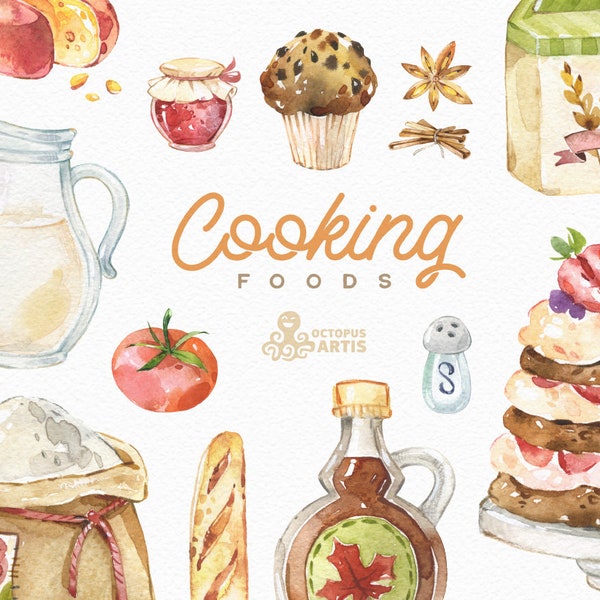 Cooking. Foods. Watercolor clipart, sugar, fruits, vegetables, cake, cheese, milk, cookies, backing, kitchen, food, eat, bakery, flour, art