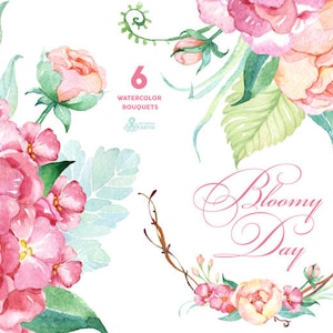 Bloomy Day: 6 bouquets d’aquarelle, hortensias, pivoines, invitation de mariage, cadre floral, carte de vœux, clip art de bricolage, fleurs, menthe et rose