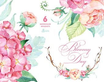 Bloomy Day: 6 Watercolor Bouquets, hydrangea, peonies, wedding invitation, floral frame, greeting card, diy clip art, flowers, mint and pink