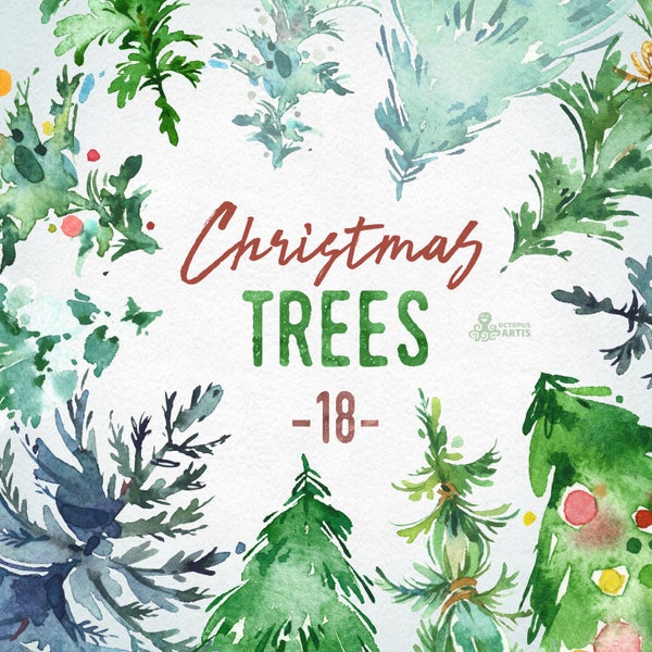 Christmas Trees. 18 Watercolor holiday clipart, conifers, decorations, handpainted, floral, forest, invite, holly, merry, green, greetings