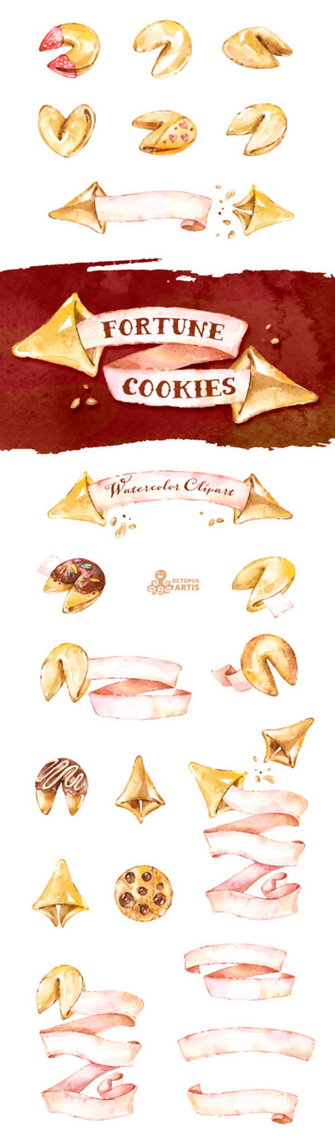Fortune Cookies. Watercolor clip art. Banners papers | Etsy