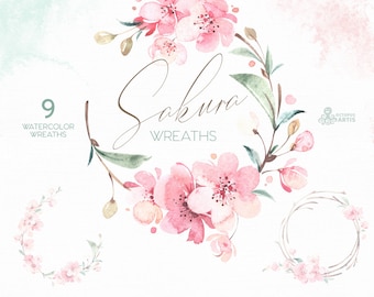 Sakura Wreaths. Watercolor Floral clipart, cherry blossom, fresh, pink, flowers, spring, wedding, bridal, branch, delicate, gentle, garden