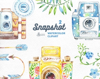 Snapshot2. Watercolor handpainted cameras clipart, wedding, diy elements, flowers, invite, logo, photocamera, boho, clip art, photographer