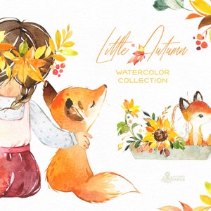 Little Autumn 3. Watercolor clipart, fox, cute girl, pumpkins, Fall, flowers, outdoor, kids, nursery, sunflower, leaves, leaf, thanksgiving