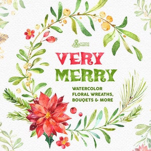 Very Merry. Watercolor Wreaths, Bouquets, Borders clipart, floral, christmas, holly, mistletoe, greeting, diy, red, green, gold, holiday