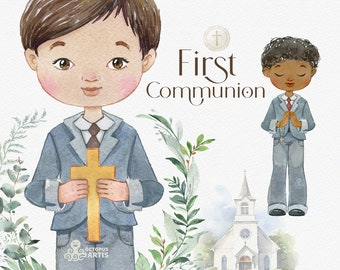 Primera comunión. Niños 2. Clipart de acuarela, niño negro, iglesia, santo, floral, cruz, invitación, decoración, png, orar, sacramento, Biblia