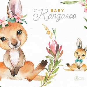 Baby Kangaroo. Watercolor little animals clipart Australia portrait wallaby eucalyptus wreath flowers kids wallaroo nursery art baby-shower