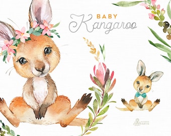 Baby Kangaroo. Watercolor little animals clipart Australia portrait wallaby eucalyptus wreath flowers kids wallaroo nursery art baby-shower