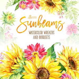 Sunbeams. Wreaths and Bouquets. Watercolor floral clipart, sunflowers, yellow, wedding, greeting card, flourish, diy, country, flower, sunny