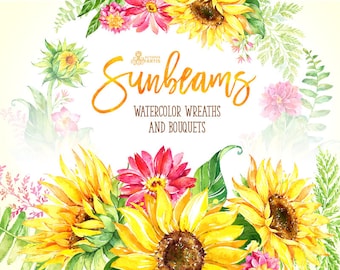 Sunbeams. Wreaths and Bouquets. Watercolor floral clipart, sunflowers, yellow, wedding, greeting card, flourish, diy, country, flower, sunny