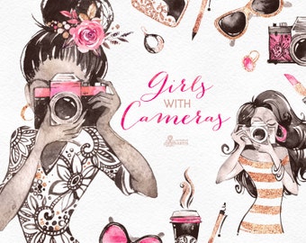 Girls With Cameras. Watercolor Clipart, photographer, logo, fashion, glam, handbag, stickers, shoes, sunglasses, gold, brand, boutique, gl1