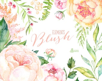 Blush. 33 Watercolor Floral Elements, peach, cream, pink, bridal, flowers clipart, peony, wedding invitation, greeting, sign, spring, shower