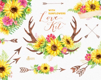 Love Kit with Sunflowers. Watercolor flowers Clipart, arrows, antlers, heart, bouquets, valentines, wedding, floral, card, diy , sunbeams