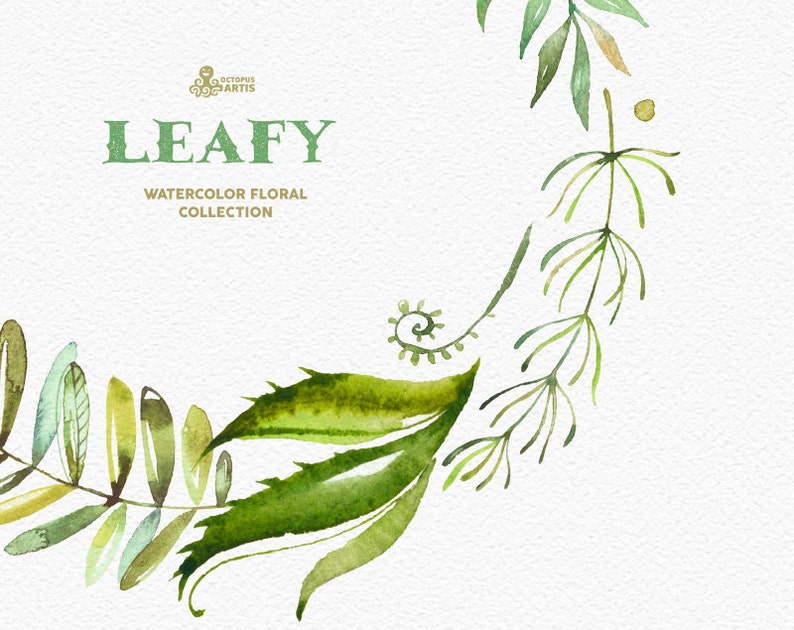 Leafy. Watercolor floral wreaths, branches, leaves, frames, wedding invitation, greeting card, diy clip art, green leaf image 5