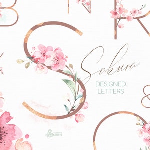 Sakura Letters. Watercolor floral alphabet clipart, monogram, rose gold, pink, delicate, wedding, bridal, logo, abc, cherry blossom, spring image 1