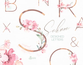 Sakura Letters. Watercolor floral alphabet clipart, monogram, rose gold, pink, delicate, wedding, bridal, logo, abc, cherry blossom, spring