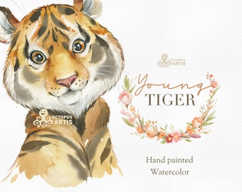 Young Tiger. Watercolor little animal clipart, tigress, flowers, safari clipart, African cub, cute nursery animal, printable tiger, pre-made