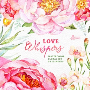 Love Whispers: 24 Watercolor Floral Elements, peonies, wedding invitation, valentine, diy clip art, flowers clipart, romantic, pink, jasmine