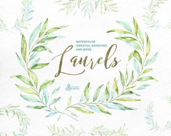 Laurels. Watercolor wreaths, branches. Leaves, frames, soft green, wedding invitation, foliage, greeting card, diy clip art, olive, leaf