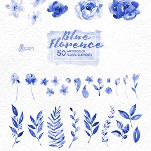 Blue Florence. 50 Watercolor floral Elements, clipart, peonies, floral wedding invite, greeting card, diy clip art, delft blue, christmas image 2