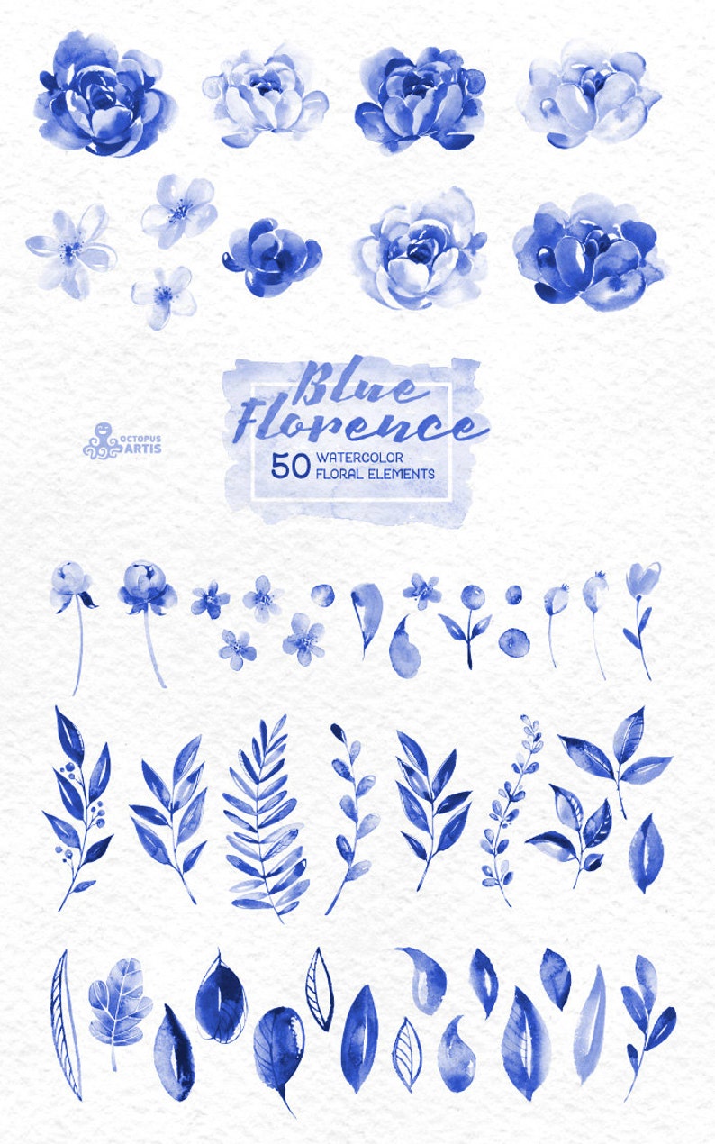 Blue Florence. 50 Watercolor floral Elements, clipart, peonies, floral wedding invite, greeting card, diy clip art, delft blue, christmas image 2