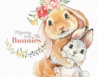 Bunnies. Mommy & Me. Watercolor little animals clipart, mother, mom, Easter, rabbit, cute, png, country, flowers, bunny, sublimation, love