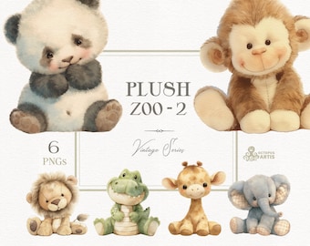 Plush Zoo 2 - Vintage. Animal clipart, elephant, lion, giraffe, panda, birthday, watercolor safari, nursery art, toys png, baby shower