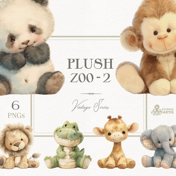 Plush Zoo 2 - Vintage. Animal clipart, elephant, lion, giraffe, panda, birthday, watercolor safari, nursery art, toys png, baby shower