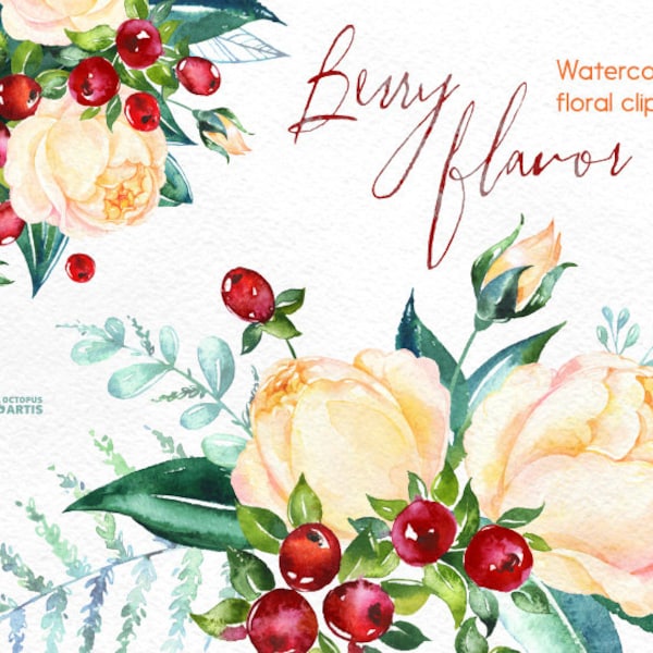 Berry Flavor. Watercolor Bouquets and Wreath, hand painted clipart, floral, roses, christmas, winter, greeting card, diy, new year, flowers