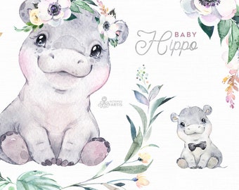 Baby Hippo. Watercolor little animal clipart, babies, flowers, safari, digital, Africa, wreath, cute, nursery art, baby-shower, boy, girl