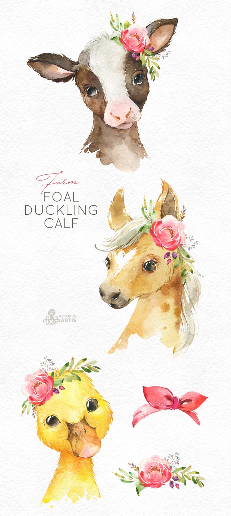 Download Farm Foal Calf Duckling Watercolor Little Animals Clipart Flowers Nature Country Nursery Art Baby Cow Horse