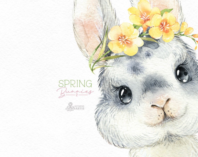 Spring Bunnies 2 Watercolor little animals and floral clipart Easter country nice forest cute nursery art baby shower wreath rabbit