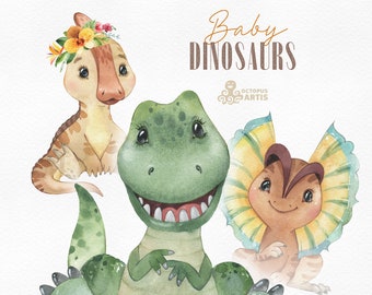 Baby Dinosaurs. Watercolor animals clipart, t-rex, dilophosaurus, kid, cute, nursery gallery, jurassic party, birthday clip art, baby-shower