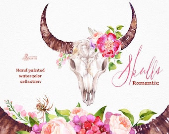 Romantic Skulls. Watercolor skulls with horns and flowers, bull, cow skull, hand painted, peonies, floral, quotes, tribal, boho, headbull