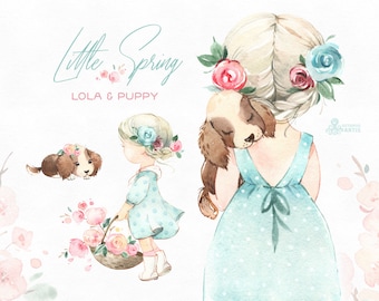 Little Spring. Lola & Puppy. Watercolor clipart, girl, dog, easter, flowers, pink, delicate, baby shower, octopusartis, cherry, sakura, mia