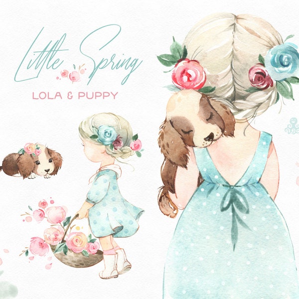 Little Spring. Lola & Puppy. Watercolor clipart, girl, dog, easter, flowers, pink, delicate, baby shower, octopusartis, cherry, sakura, mia