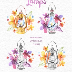 Magic Lamps. Watercolor handpainted clipart, oil lamps, flowers, leaves, vintage, invitation, logo, greetings card, diy clip art, christmas image 2