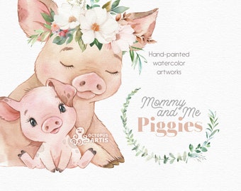 Piggies. Mommy & Me. Watercolor little animals clipart, mothers day clip art, Country, cute pig, farm png, piglet sublimation, nursery