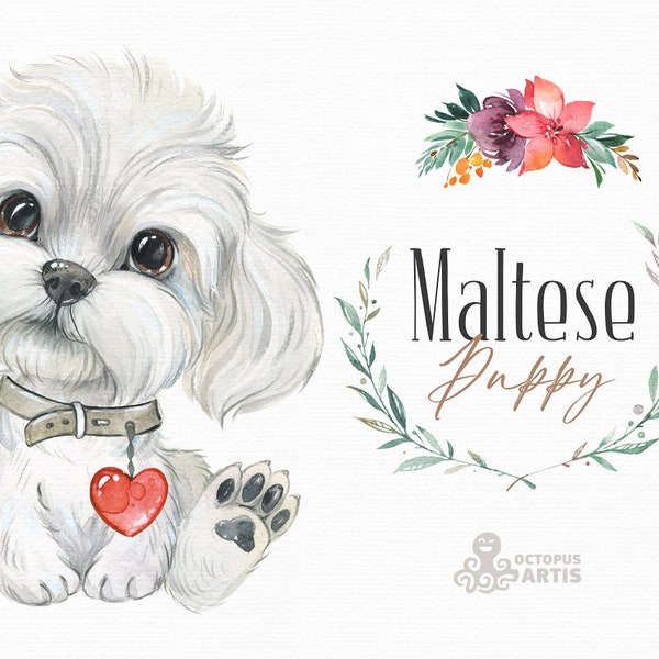 Maltese Puppy. Watercolor little dog clipart, portrait, puppy, doggie, baby, flowers, floral crown, kids nursery, wreath, bowtie, sunglass