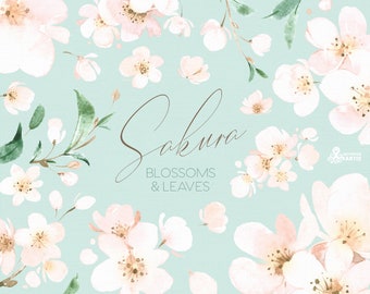 White Sakura. Blossoms & Leaves. Watercolor Floral clipart, fresh, flowers, spring, wedding, bridal, twig, delicate, gentle, garden, girls