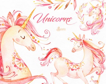 Unicornios. Imágenes prediseñadas de acuarela mágica. Cuento de hadas, fantasía, oro, caballo, princesa, rosa, niña, invitación, estilo, flores, pegatina, mística,