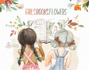 Girls. Books. Flowers. Watercolor clipart, besties, little girl, floral, bouquet, sun, reading, summer, baby shower, baby, friends, lady